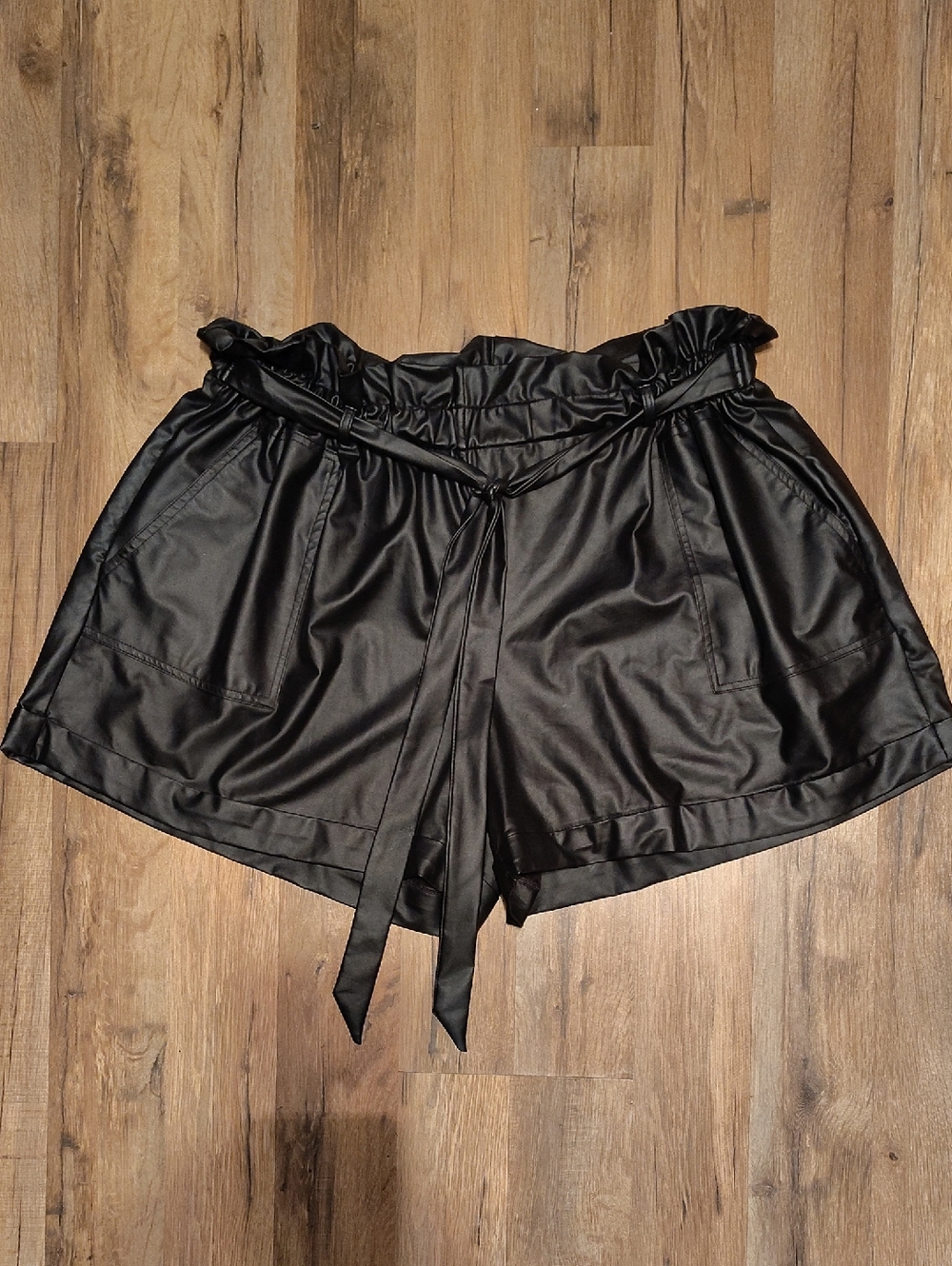 Eye Candy Black High-Waist Paperbag Faux Leather Shorts